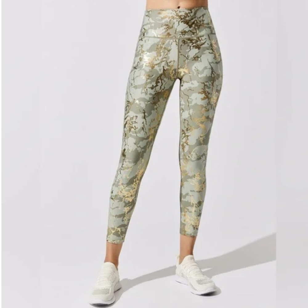 NEW CARBON38 Takara Marble Shine Stylish Camouflage Leggings Green Gold Small